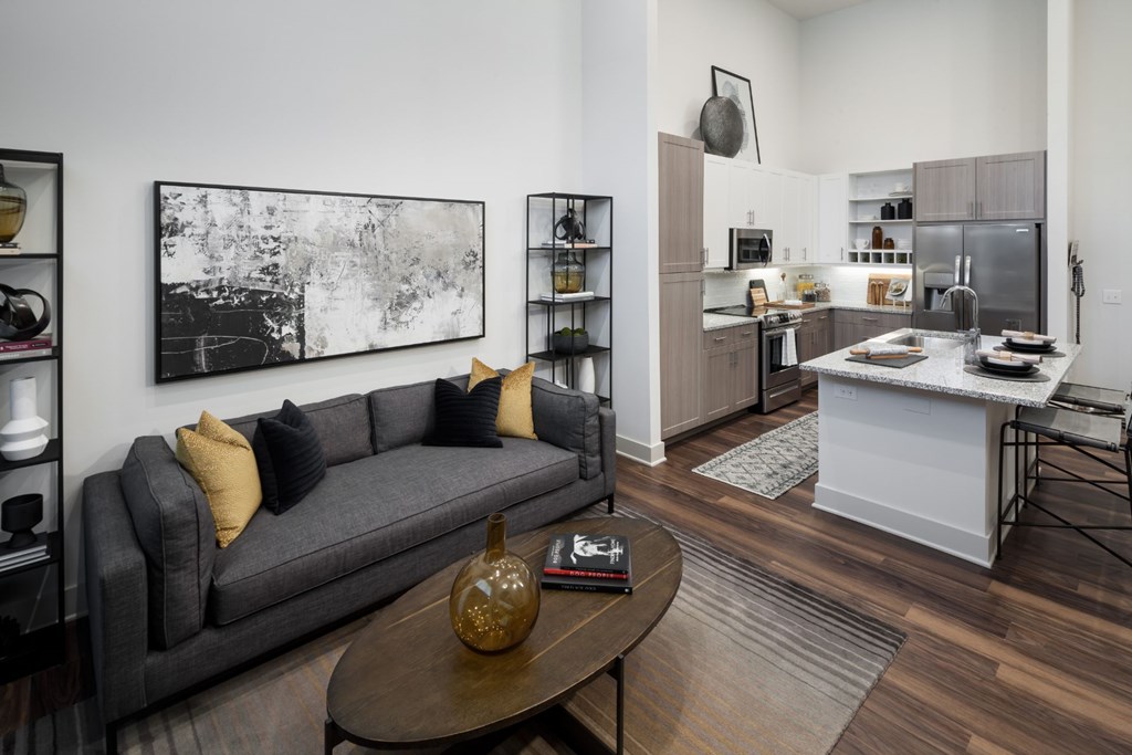 Living Room With Kitchen Area at Berkshire Pullman, Frisco, 75034